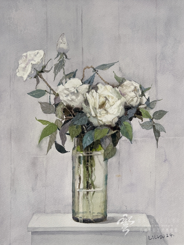 李黎《带花苞的白玫瑰》30*40cm 2024年